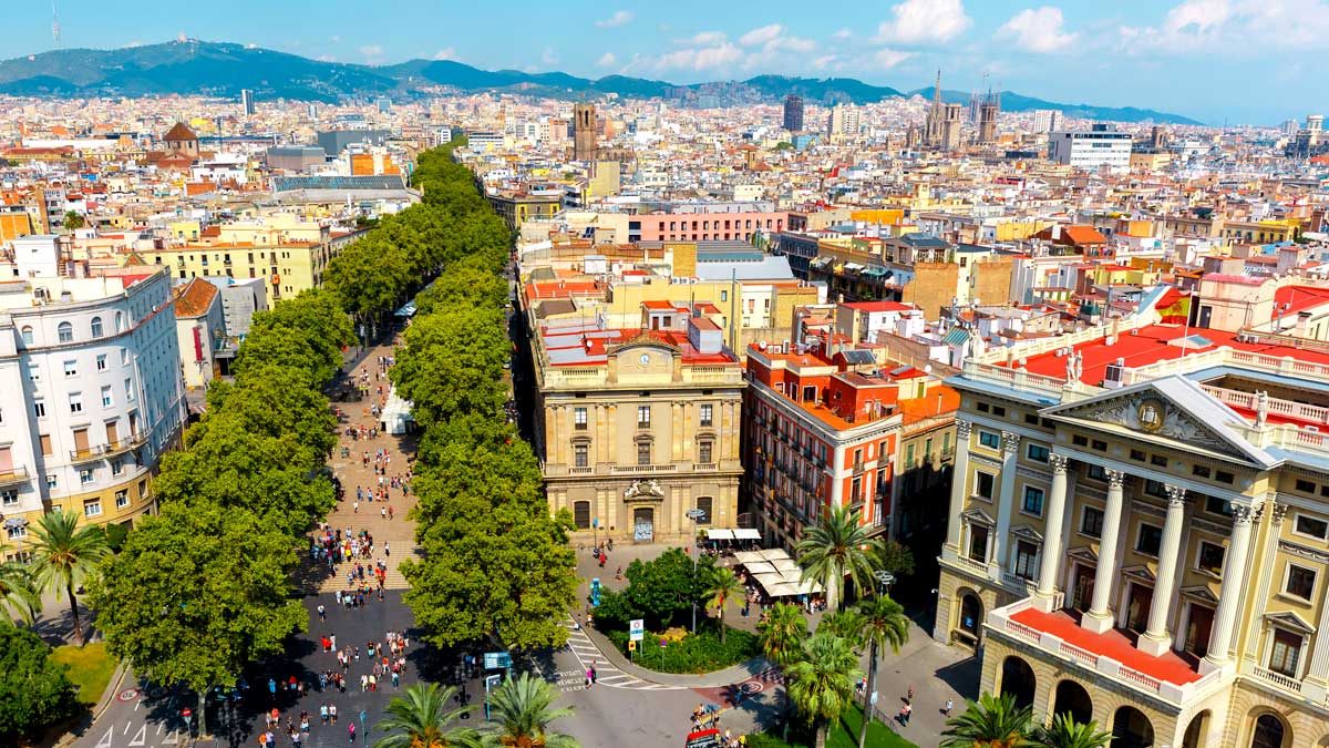 Aerial view over La Rambla from Christopher Columbus monument, with quarters of El Raval to the left and Barri Gotic to the right in Barcelona, Catalonia, Spain