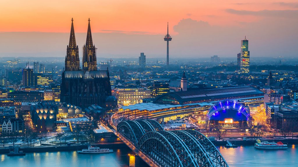 Skyline of Cologne at sunset, including Cologne Cathedral