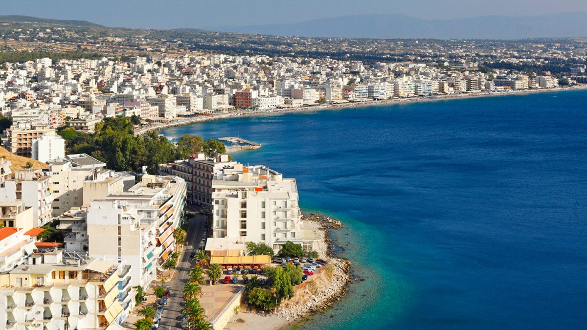 Aerial shot of Loutraki Town in Greece