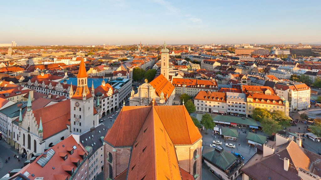 Rooftop panoramic view of Munich at dawn