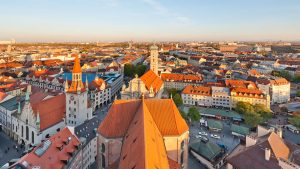 Rooftop panoramic view of Munich at dawn