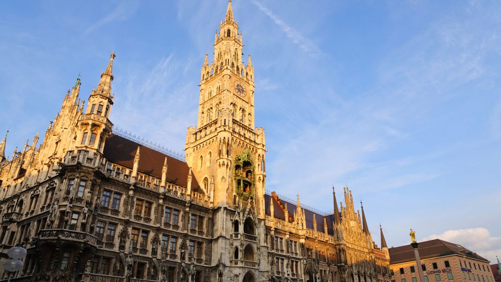 Sunlit towers of a cathedral in Munich