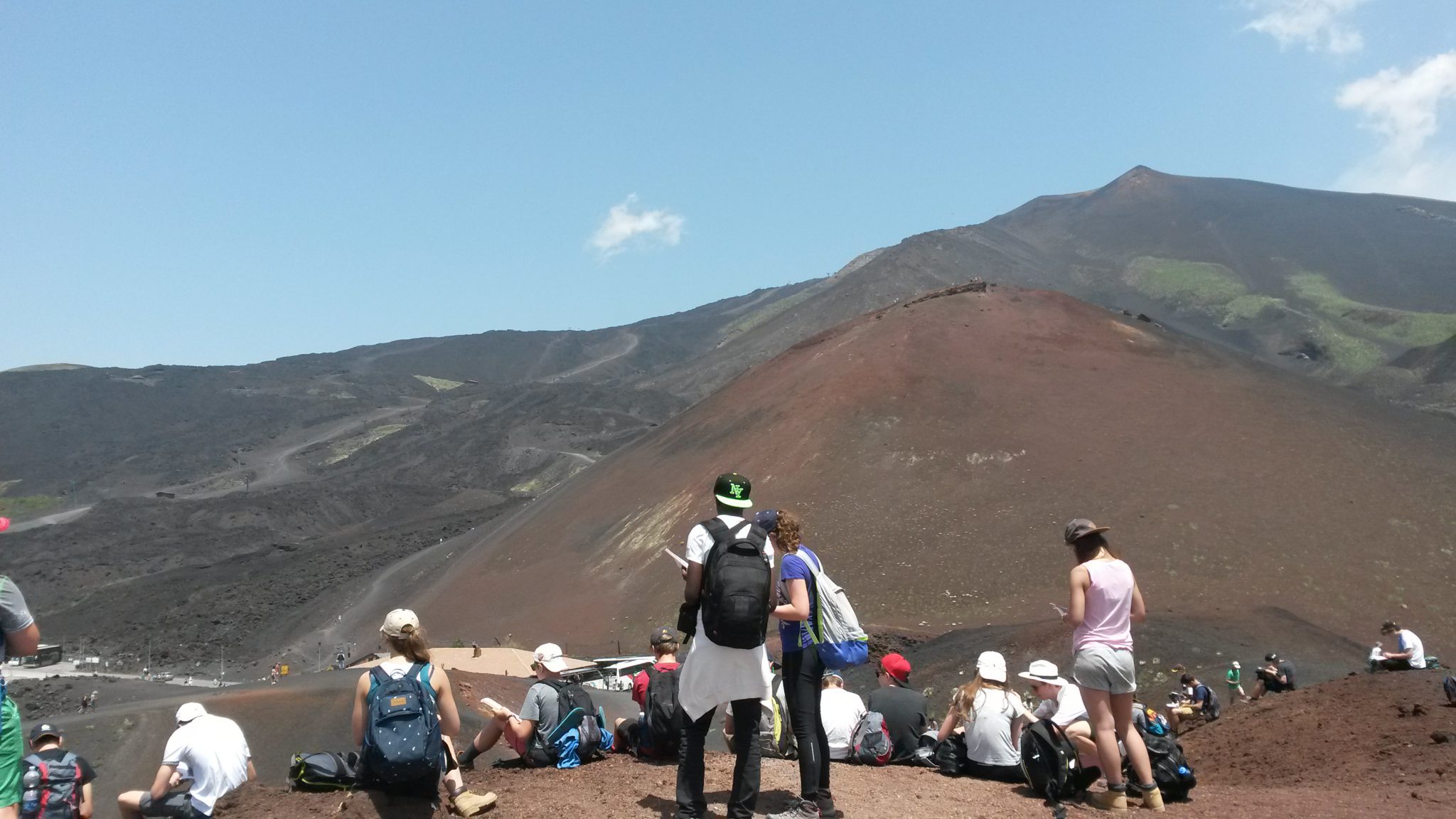 Pupils field sketching from Silvestri Inferiore looking up to Mt Etna