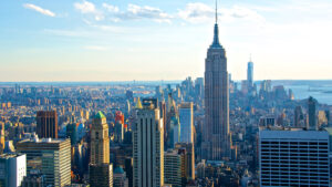 Empire State building from the top of the Rockefeller Centre. New York skyline.