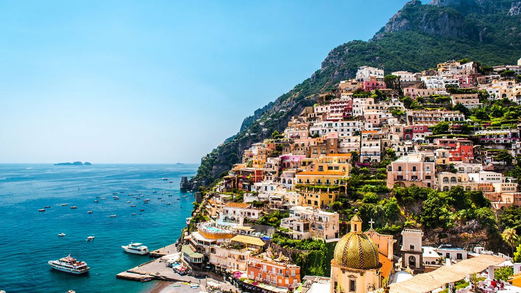 Colourful Amalfi coast hillside overlooking the bay