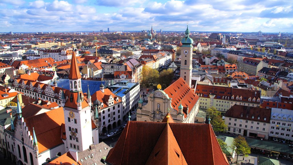 Aerial view of the roofs and towers of Munich during the day