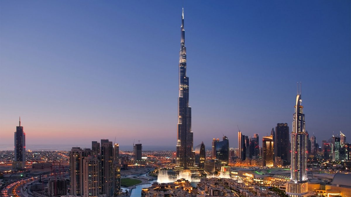 Dubai skyline at dusk, including the Burj Khalifa