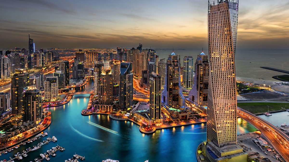 Aerial shot of Dubai Marina at night-time