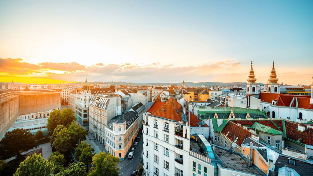 Hazy morning landscape photograph of Vienna