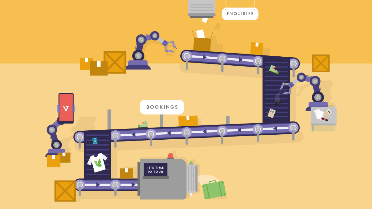 Graphic of conveyer belt showing customer journey with Rayburn Tours in the Explore Adult Concert Hub