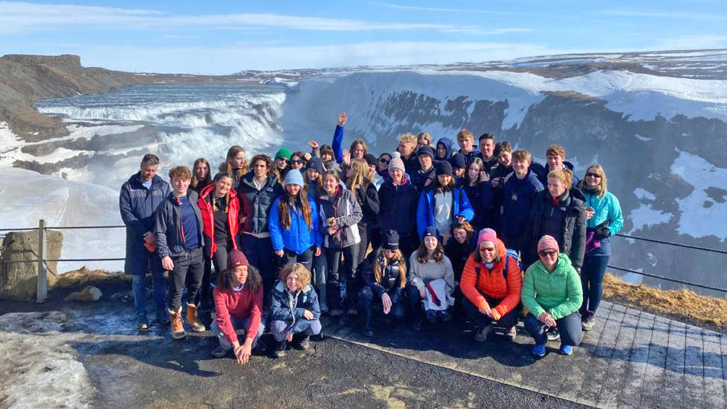 School group in front of Gullfoss in Iceland