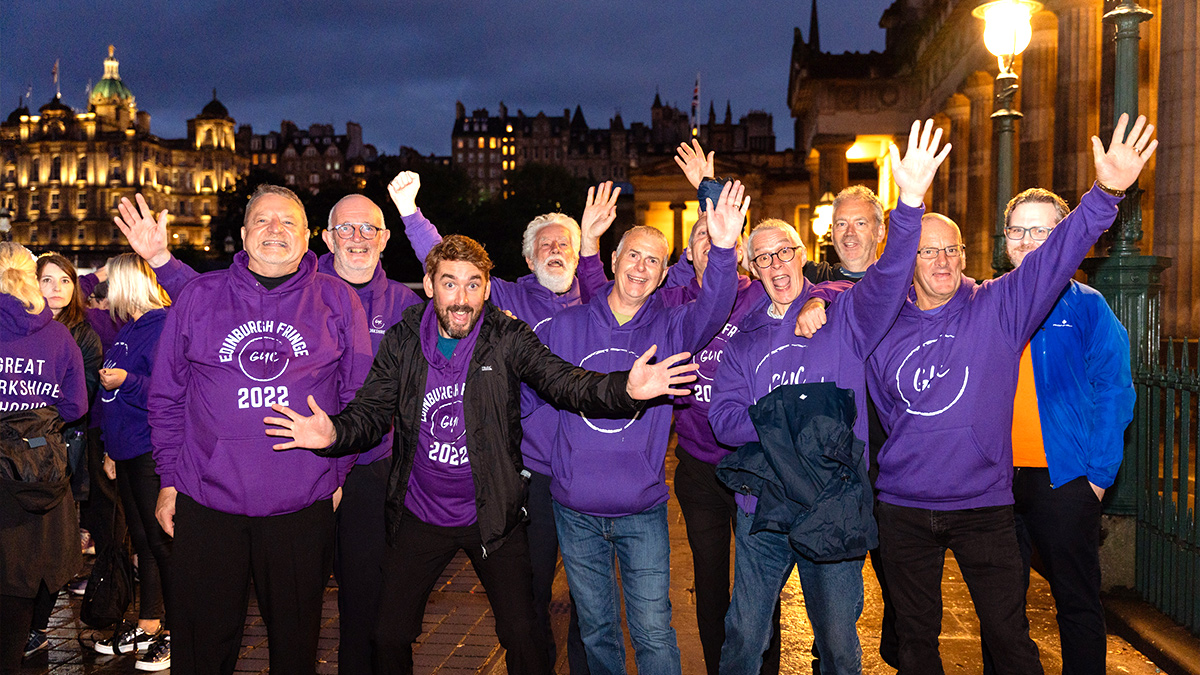 10 Best Ways on How To Prepare for Your Music Tour: Band of men pose in purple hoodies in Edinburgh