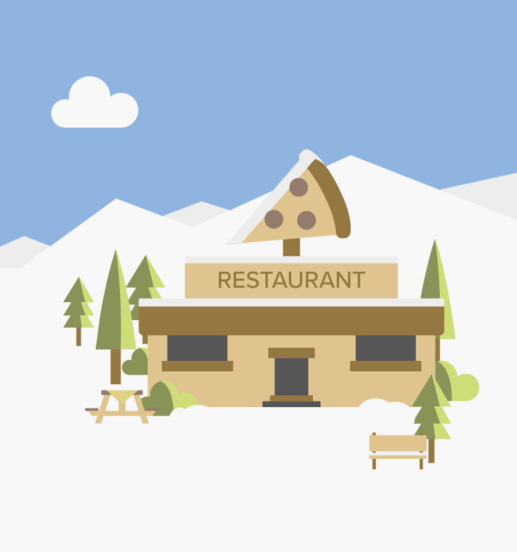 How To Pick The Perfect School Ski Resort: colourful graphic of pizza restaurant