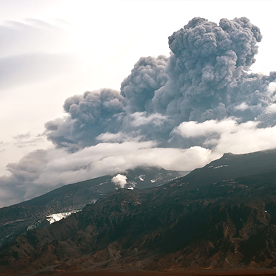 A view of the volcano Eyjafjallajökull erupting tephra in Iceland