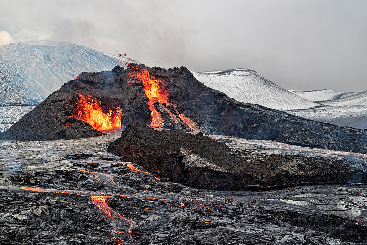Fagradalsfjall Volcano erupting in 2021 in Iceland