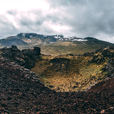 A view of the no longer active volcano Saxholl Crater in Iceland