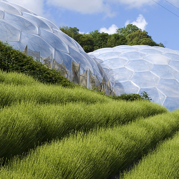 A view from the fields outside The Eden Project biomes