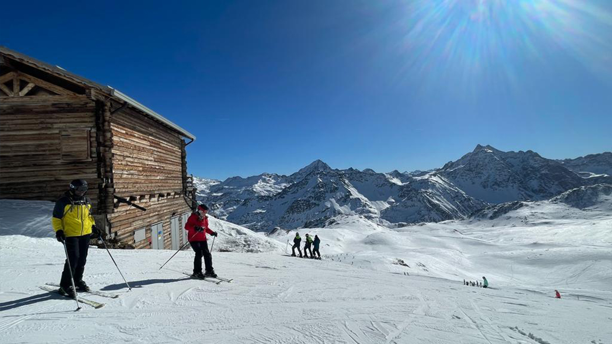 A scenic view over the slopes of Santa Caterina, Italy in the February half-term ski season 2023