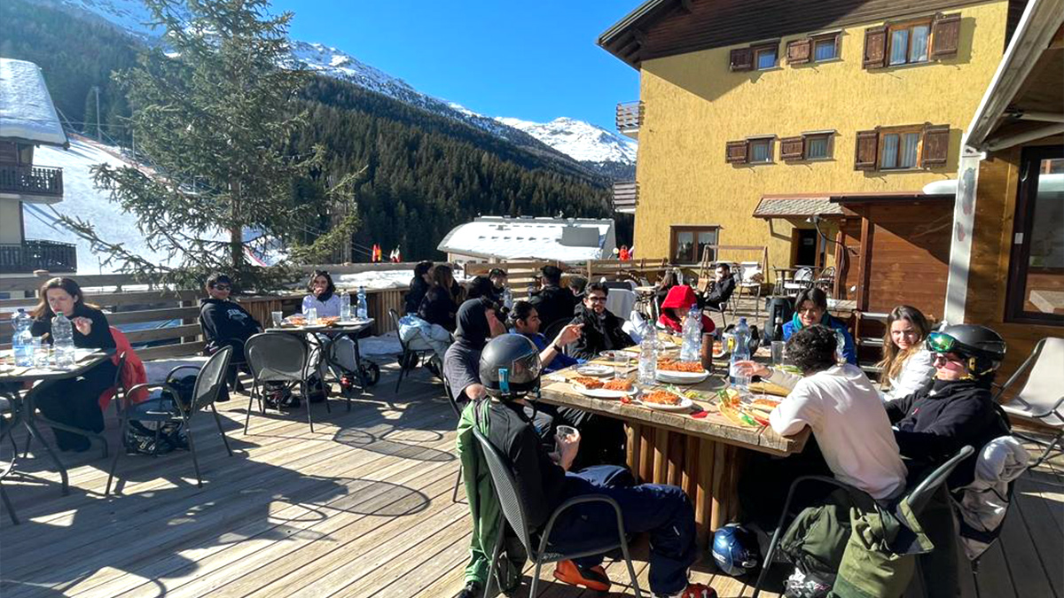 A view from the balcony of a restaurant in Santa Caterina, Italy in the February half-term ski season 2023