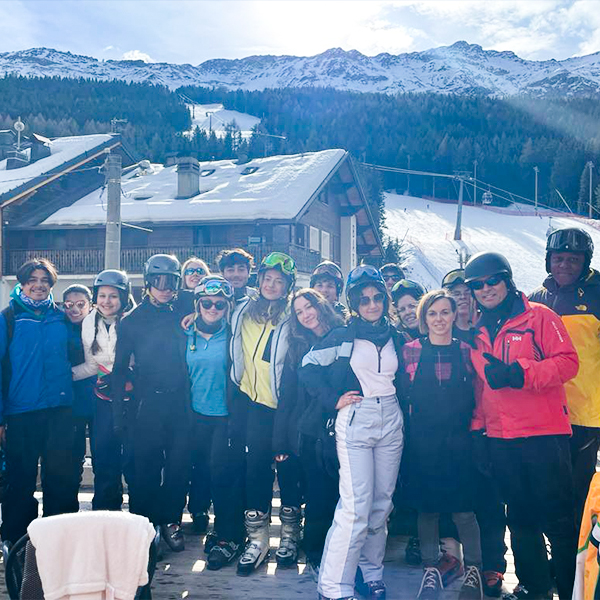 Students pose in the village of Santa Caterina on a Rayburn Tours ski trip