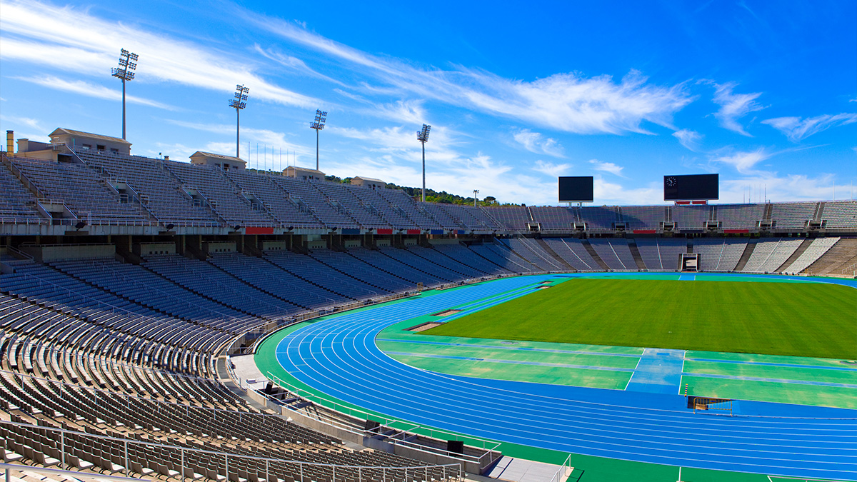 picture from stands of Barcelona Olympic Stadium with blue skies