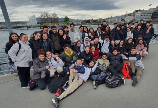 Grammar School of Nicosia students pose in front of Lake Geneva.