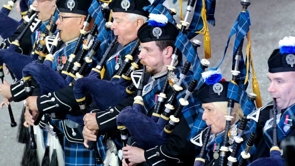 Bagpipers in military band perform at the Edinburgh Tattoo