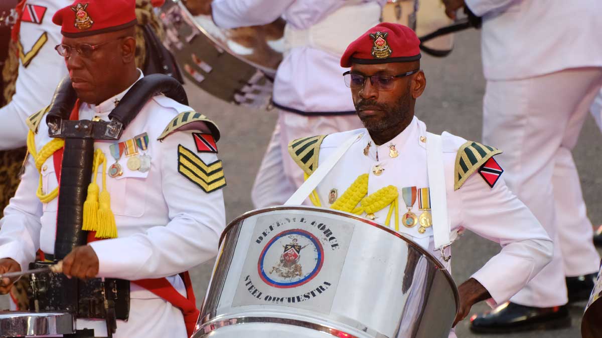Steel pan drummers from the Trinidad and Tobago Defence Force Steel Orchestra perform at the Edinburgh Tattoo.