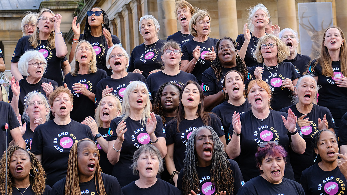 Wellingborough Community Gospel Choir performing at The Mound in Edinburgh during the Fringe Festival