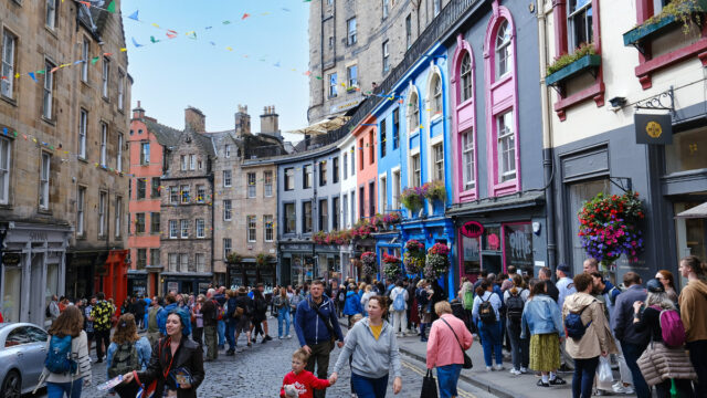 Busy street during Edinburgh Fringe.