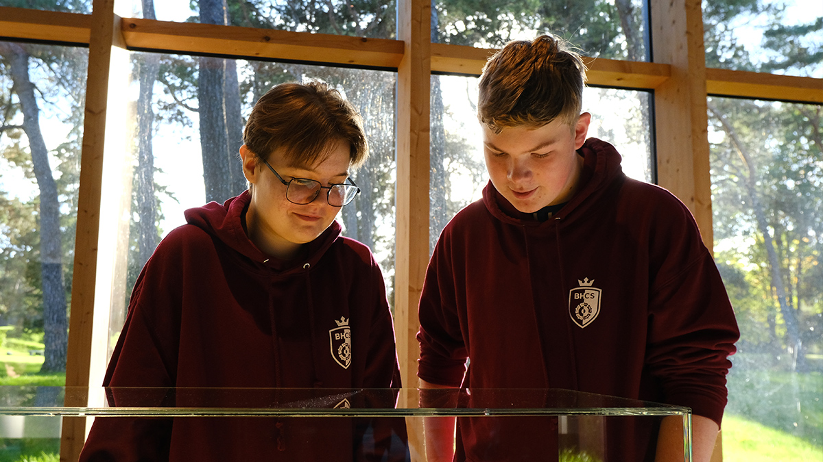 Two students look at a World War exhibit.