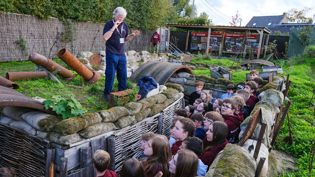 History guide and pupils at Hooge Crater Museum, Ypres