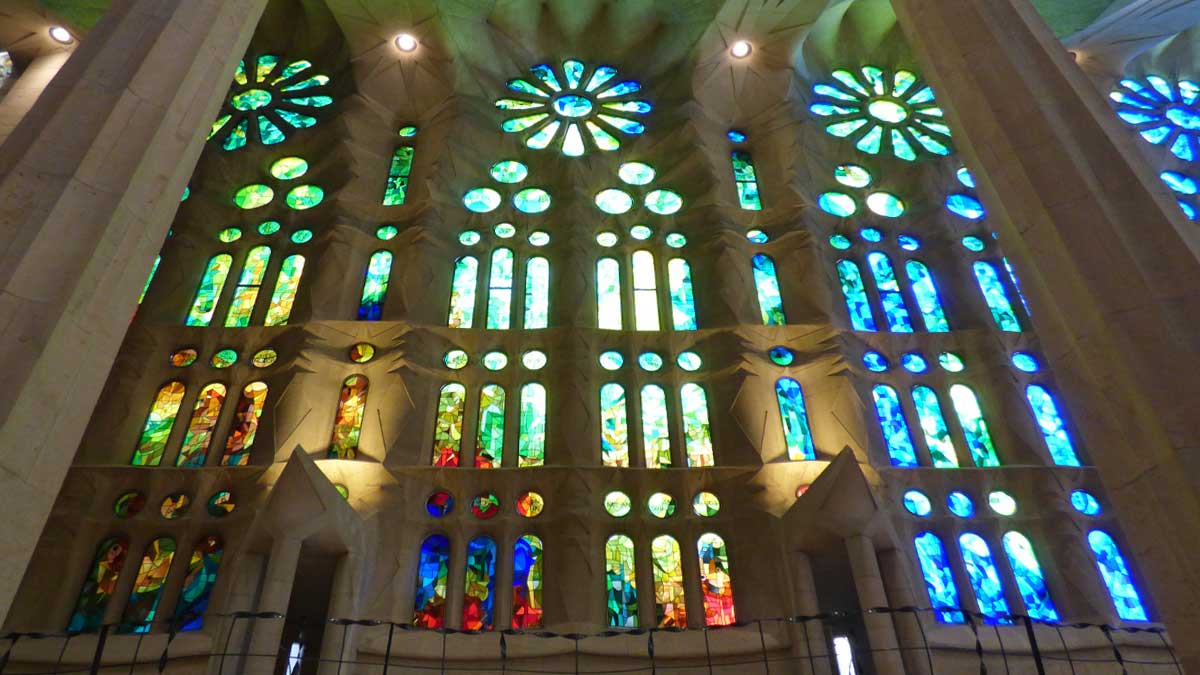 Stained glass windows, from the inside, of La Sagrada Familia
