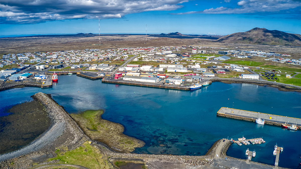 An aerial view over the town of Grindavik in Iceland