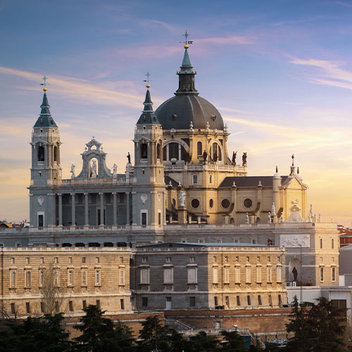 Madrid landmark at night. Landscape of Santa Maria la Real de La Almudena Cathedral and the Royal Palace. Beautiful skyline at Madrid, Spain