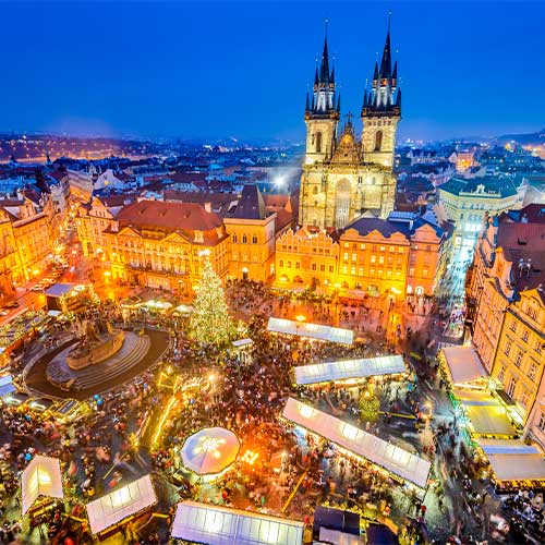 Prague, Czech Republic. Christmas Market in Stare Mesto old square, Tyn Church, Bohemia, is one of the Christmas traditions from around the world.
