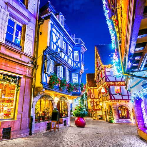 Colmar, France. Traditional Alsatian half-timbered houses Christmas decorated city in Alsace is one of the Christmas traditions from around the world