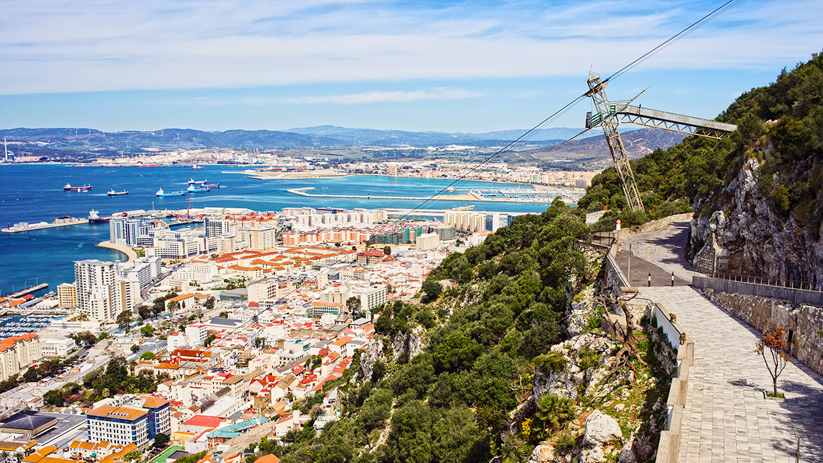 Overlook on the city of Gibraltar from the Rock with a view of the sea and city