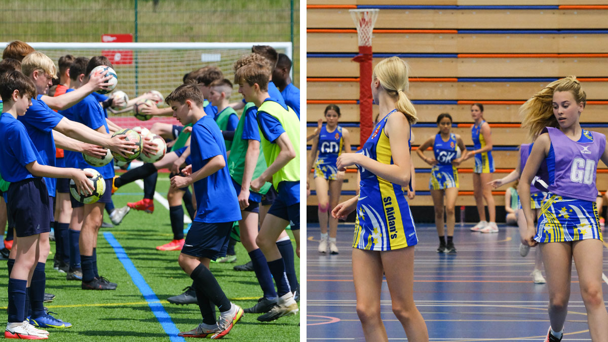 left image children training with football on a pitch, right image girls netball training on a court, example of multi sport