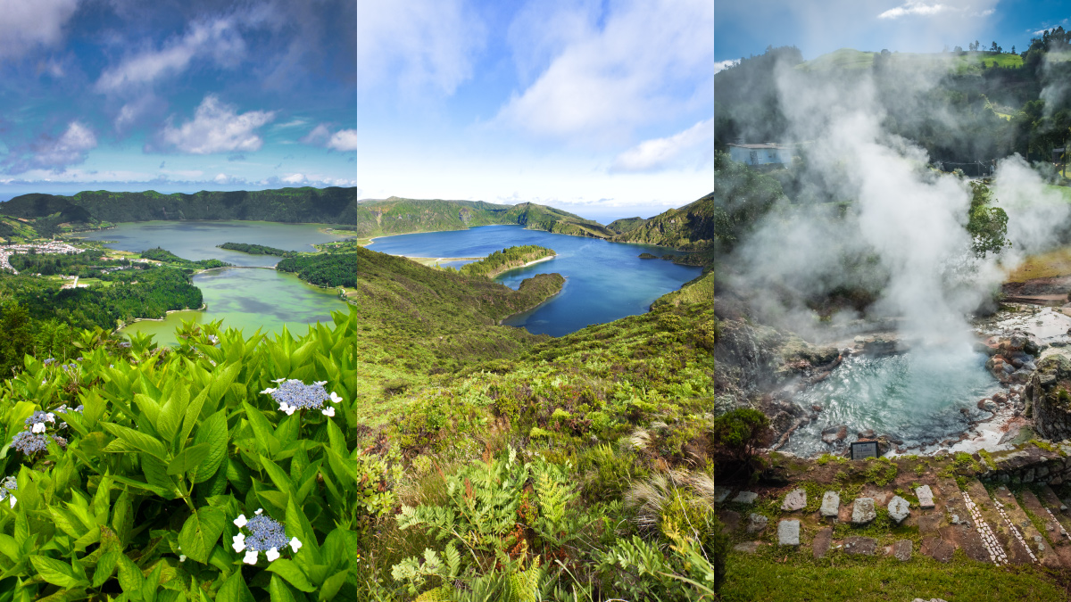 Sete Cidades, Lagoa do Fogo and Furnas Valley, on Sao Miguel in the Azores, shown side by side.
