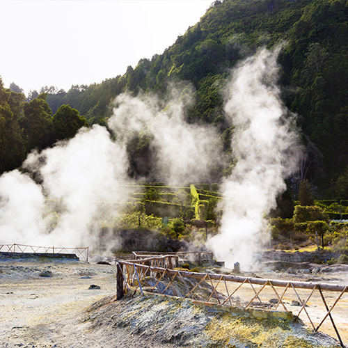 Steaming geothermal activity of the Furnas das Fumaroles in the Azores.