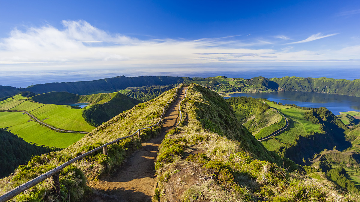 Trail in the foreground with the Sete Cidades caldera volcanic complex in background.