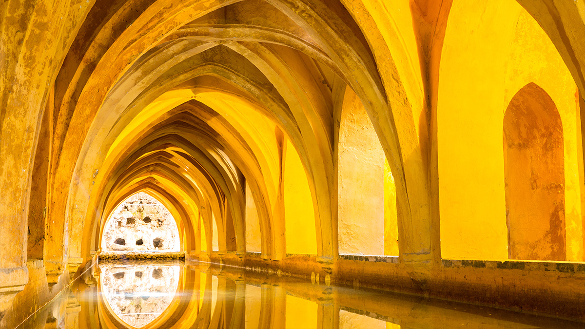 The golden arches of the Royal Bathroom in the Real Alcazar in Seville.