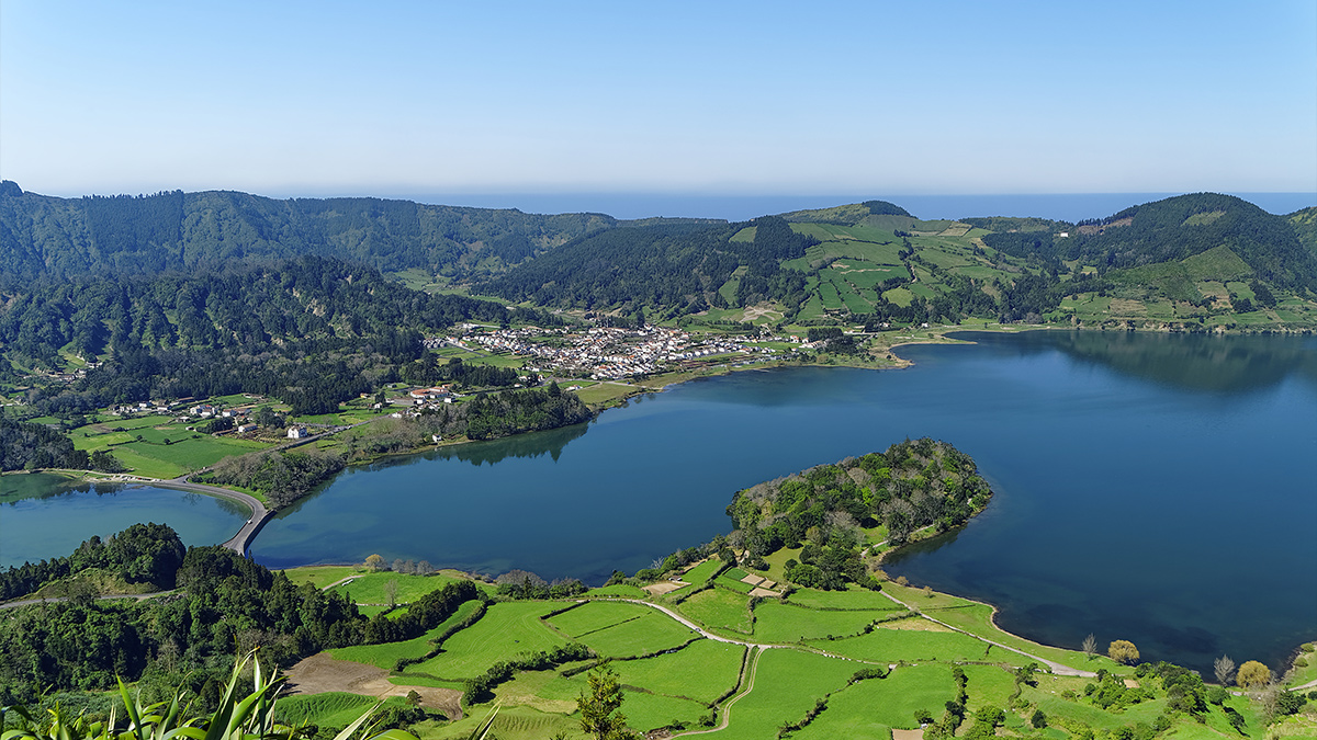 A side shot of Lagoa Azul & Lagoa Verde of Sete Cidades in the Azores.