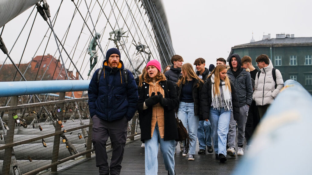 School group on a walking tour of Krakow