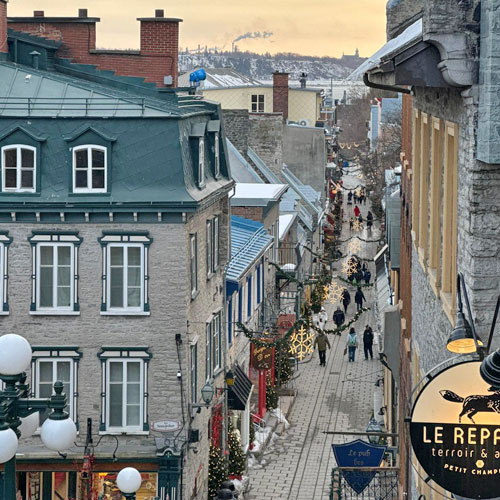 Picture taken of a French old town street, from an elevated position, in Quebec City
