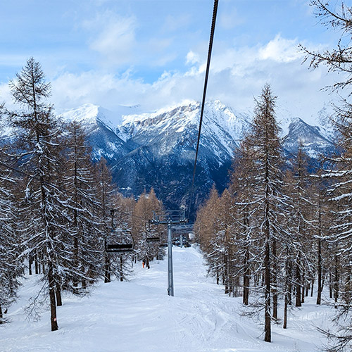 View from the ski lift at Sauze D'Oulx Ski Resort in Italy