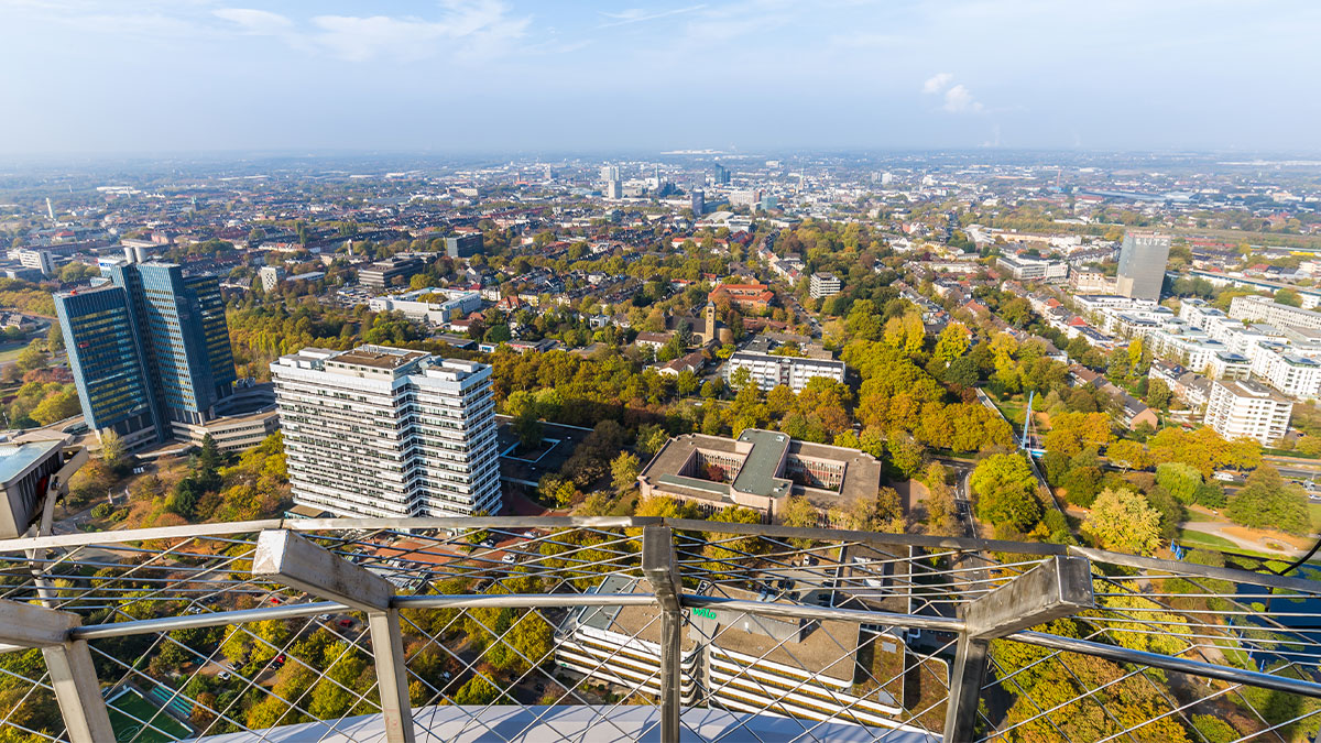 Aerial view of Dortmund, Germany. Aerial panorama from Florianturm telecommunications tower and landmark in Dortmund Germany.