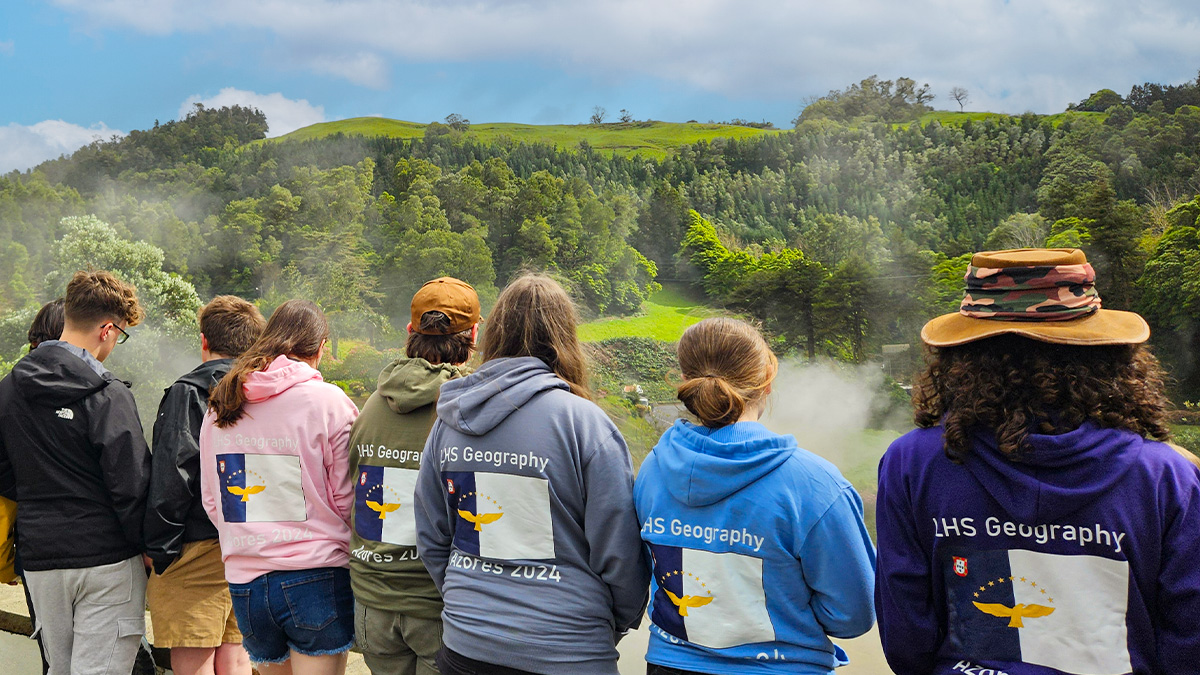 Llanishen High School students look out over Furnas Valley on a Geography School Tour to the Azores with Rayburn Tours.