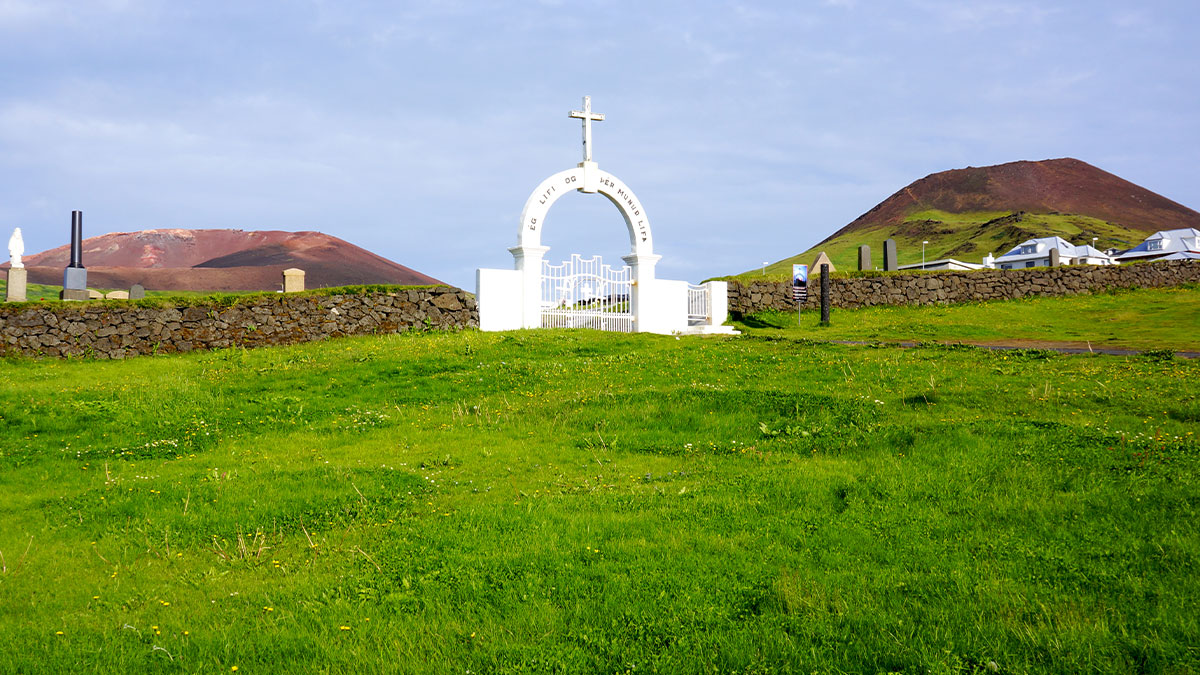 Iceland Horse. A graveyard in Heimaey, Westman Islands, Iceland, that was nearly destroyed by the most recent volcano.